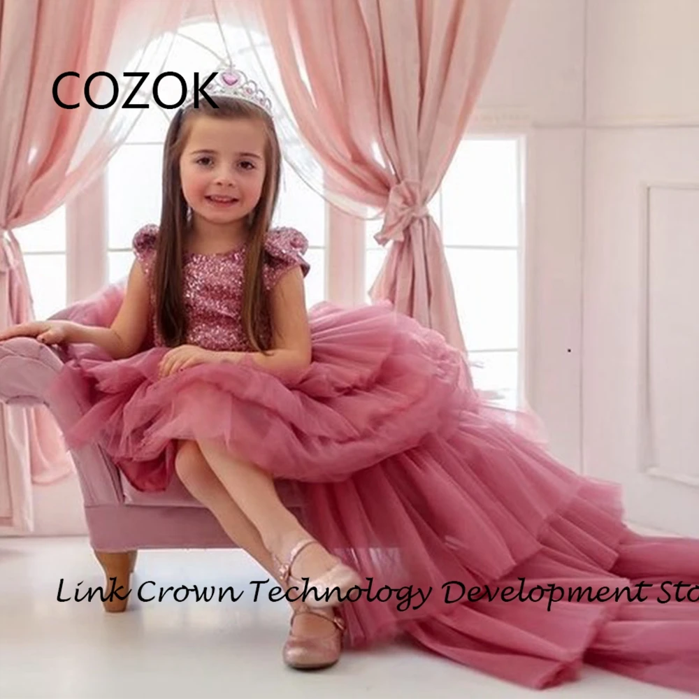 

COZOK Scoop Flower Girls Dresses with Sequined 2024 Summer New Short Sleeve Christmas Dresses for Princess فستان عيد الميلاد