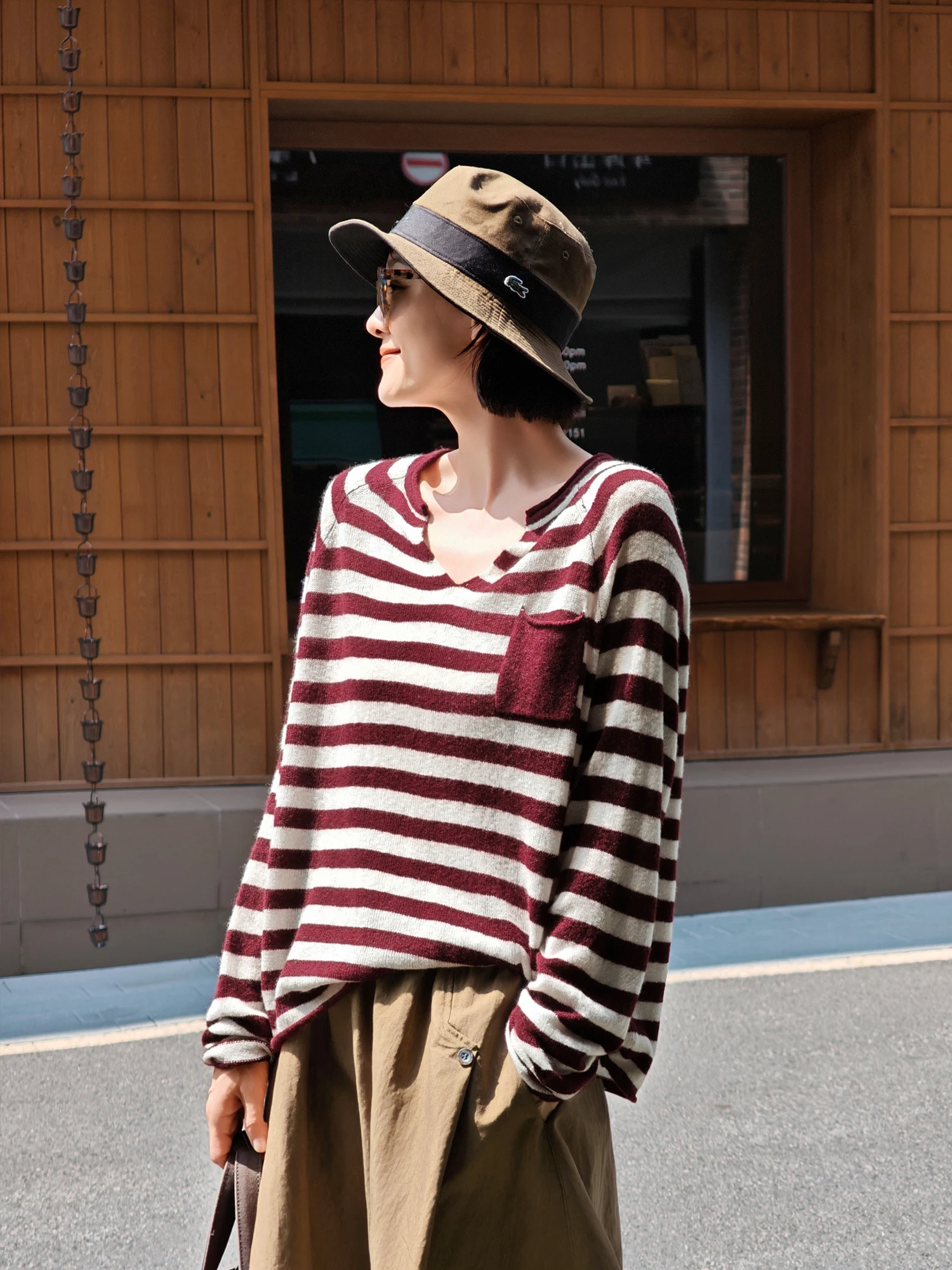

Loose V-Ne Woolen Knitted Striped Sweater Women's Early Autumn Casual Sle Long Sve Soft Cotton Polyester Camere Blend