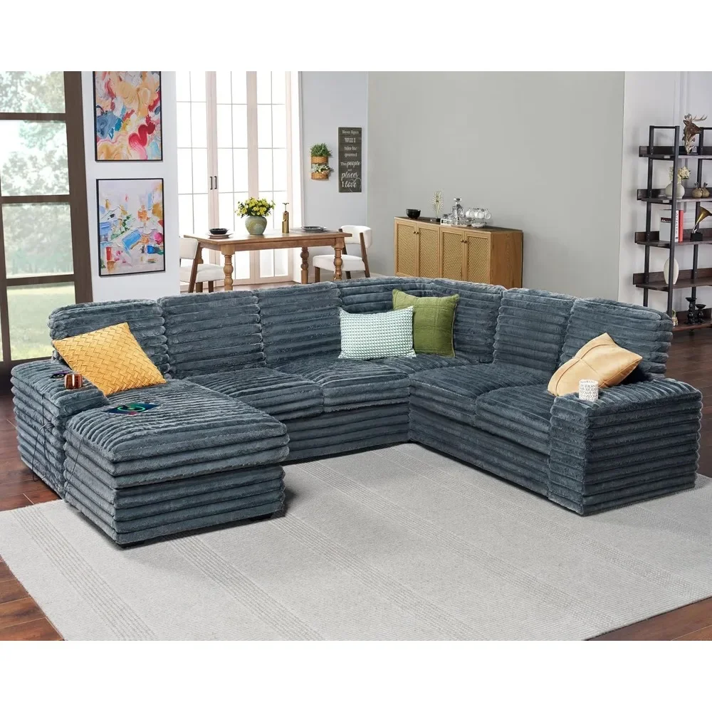 

112 Inch Oversized Couch, U Shaped Sofa with Storage Chaise, Sectional Sofa with Type-C & USB Ports, Faux Fur Dark Grey