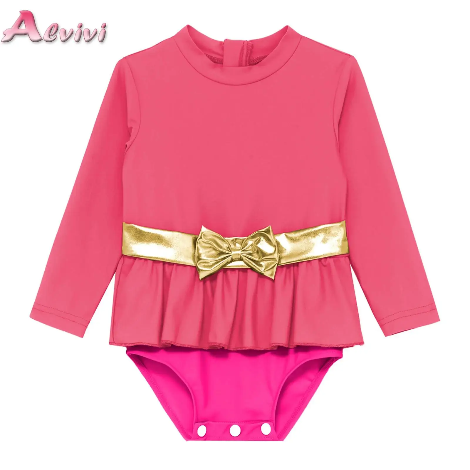 

Baby Girls Cute Long Sleeve Bow Skirted One Piece Swimsuit Back Ruffle Crotch Press Buttons Closure Romper Swimwear Bathing Suit