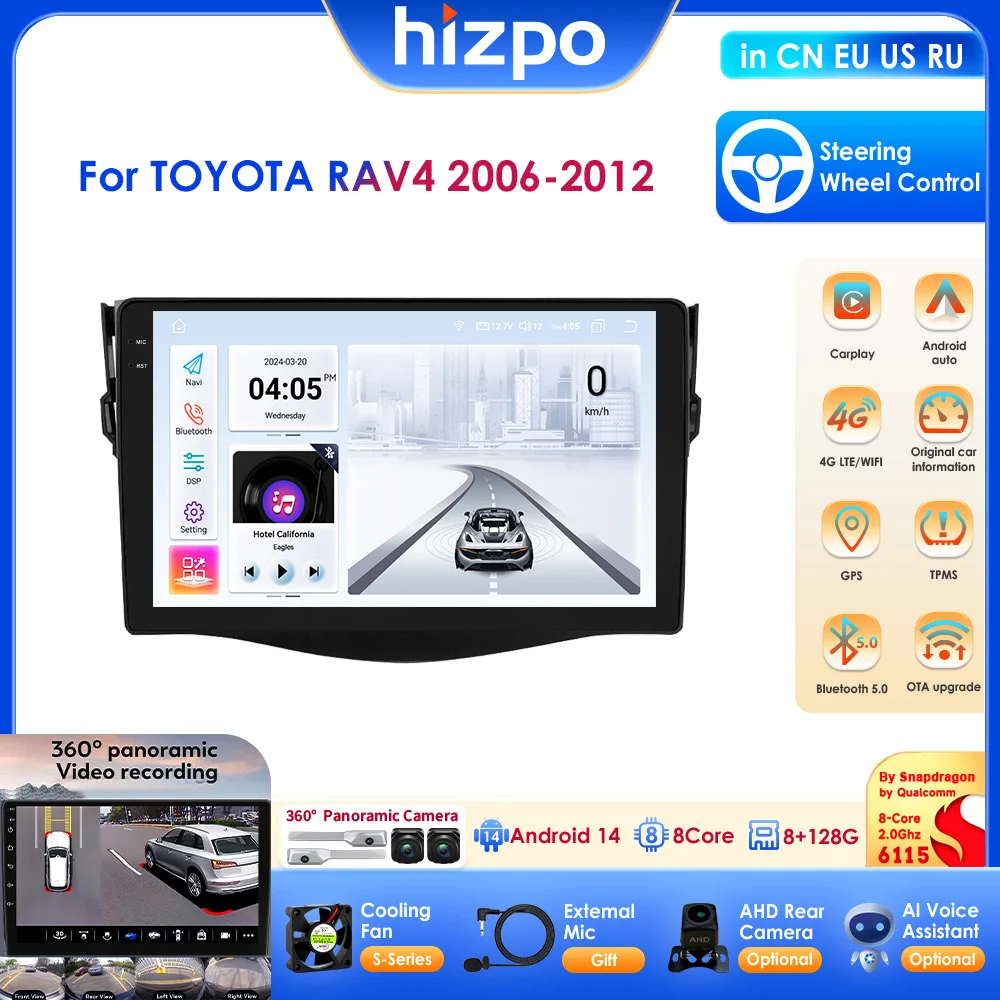 HIZPO 9" Carplay Snapdragon 8 core Andorid 14 Autoradio For TOYOTA RAV4 2006-2012 Navi GPS Multimedia Video Player DSP BT OBD FM