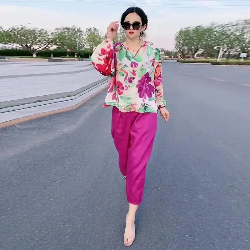 

Women's Summer New Loose Slimming Print Top Nine-Piece Pants Two-Piece Set plus Size Faionable Casual Comfortable Ensemble