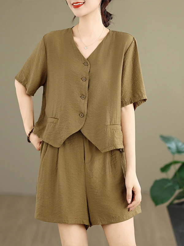 

plus Size Casual Fashion Cotton Linen Women's Summer Wear Short Sleeve Shorts Two Piece Set Age Reversing European Style