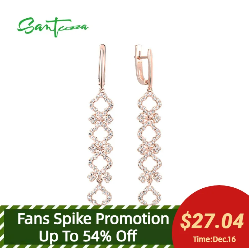 SANTUZZA Silver Earrings For Women Genuine 925 Sterling Silver Sparkling White CZ Geometric Long Earrings Fine Fashion Jewelry