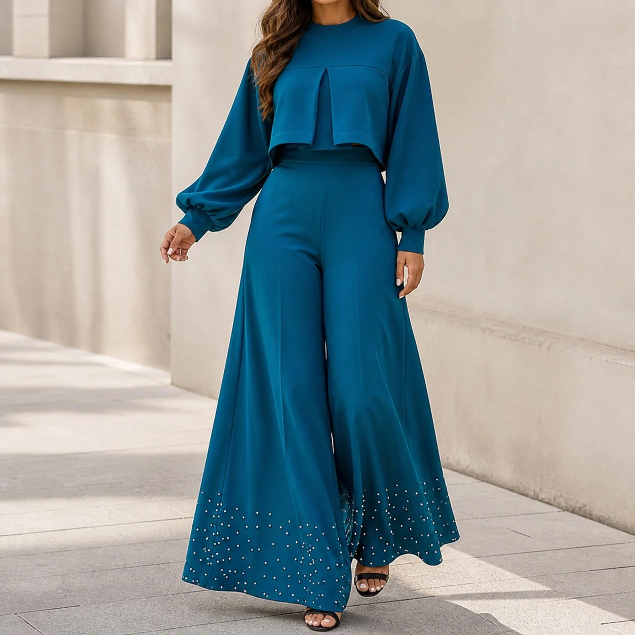 Round Neck Top Asymmetric Hem Full Length Fresh with Sweet Fresh Lantern Sleeve Sweet Summer Pocket Shirt Top Beaded Women Sets