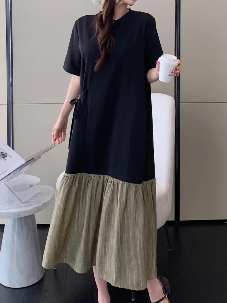 Summer Women's Loose Plus Size T-Shirt Dress Casual Jacquard Patchwork Ladies Dresses Vestidos