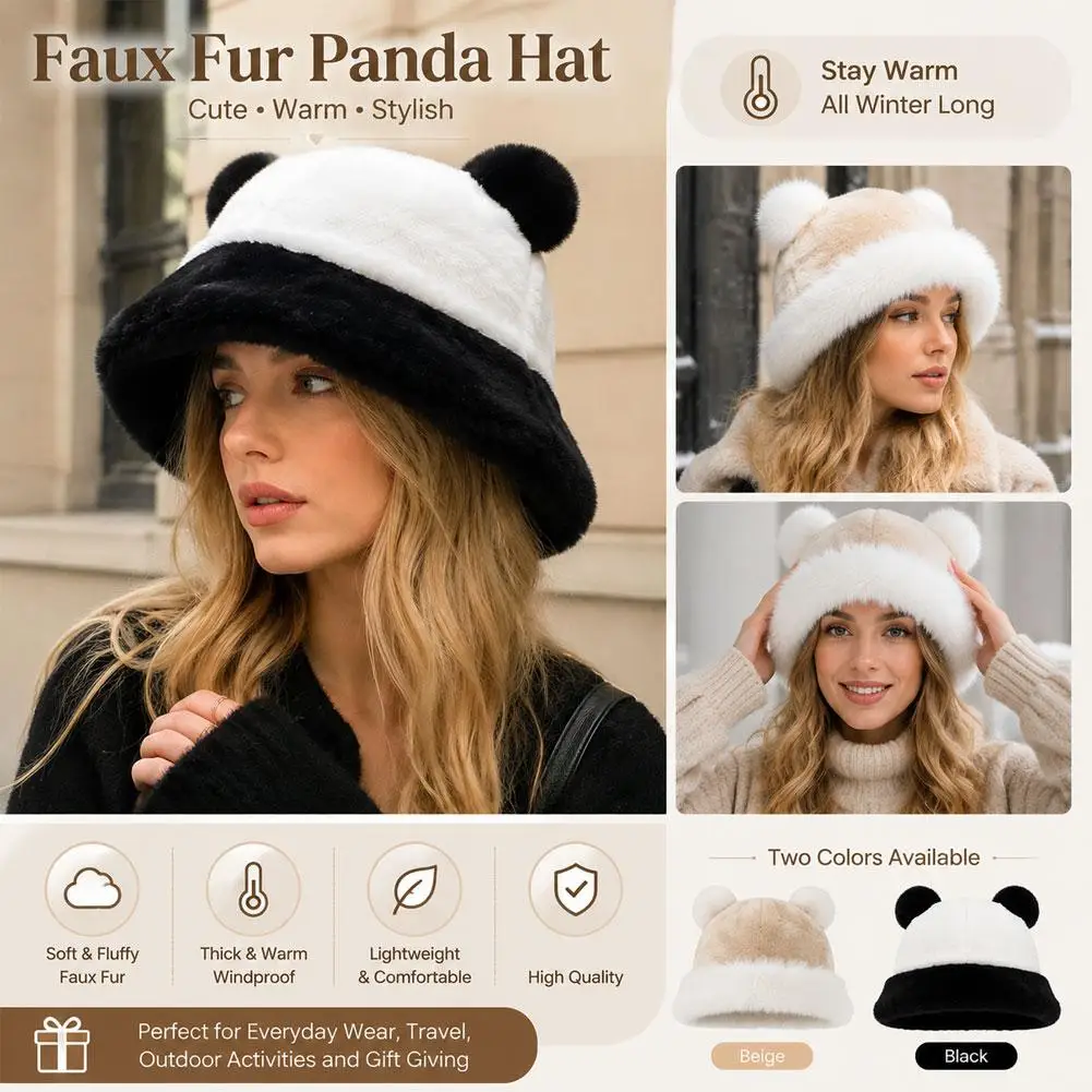 Fashion Autumn Winter Fur Panama Bucket Hat Panda Ear Ball Plush Fisherman Hat Soft Warm Thick Basin Hat Protection Bucket Hats