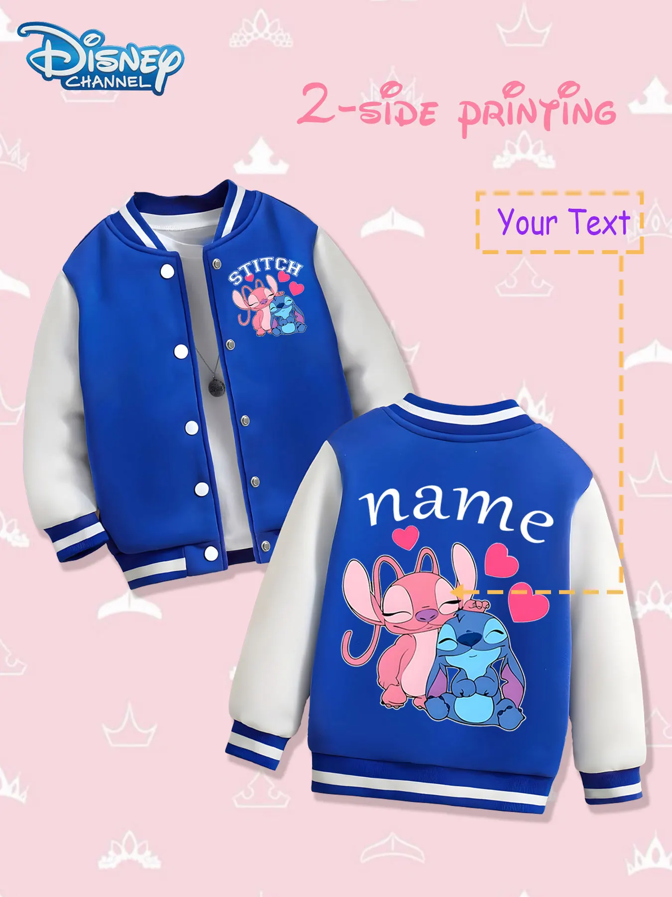 MINISO Disney Stitch Heart Children's Baseball Jacket - Double-sided printing presents the cute shape of Stitch couple, red and