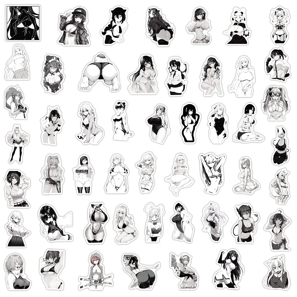 10/30/50/100pcs Cartoon Zwart Wit Sexy Waifu Anime Meisje Sticker Hentai Bunny meisjes Decals voor Volwassen DIY Helm Telefoon Notebook