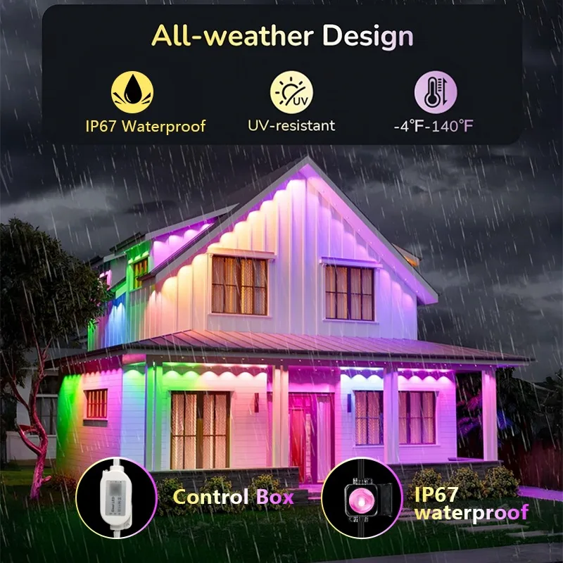 영구 야외 조명 스마트 RGB 처마 조명 앱 제어 DIY 패턴 음악 모드 IP67 방수 할로윈 장식 파티용