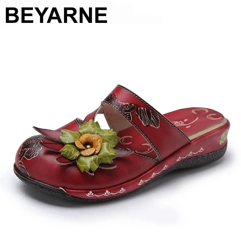 BEYARNE   Flower Sandals Genuine Leather Shoes Woman Handmade Slides Flip Flops Platform Clogs For Women Sandals Plus Size