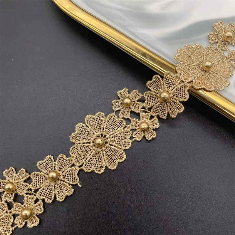 1 Yards Gold Thread Bead Lace Trim Embroidered Ribbon Ethnic Style Clothing Lace Accessories