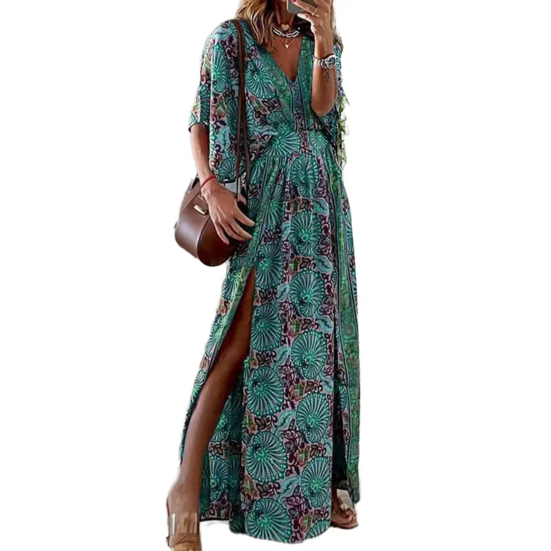 Women's New Autumn Long Dress Sexy V-neck Bat Sleeve Short-sleeved Dress Side Slit Long Dress Fashionable Printed Loose Dress