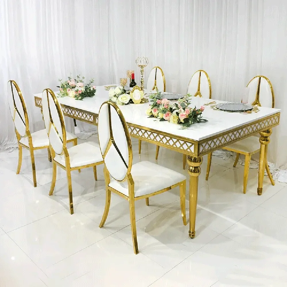 

furniture luxury stainless steel with mirror glass dinning table for bride and groom