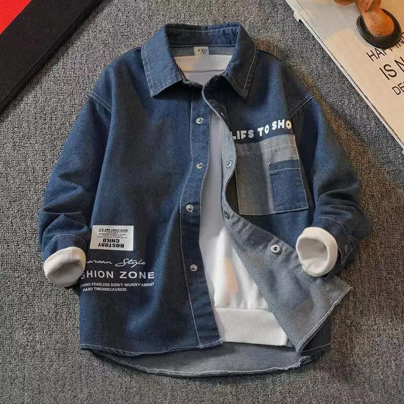 

Children Clothing Boys Denim Shirt Letter Printed Kids Spring Autumn Turn-down Collar Clothes Teenager Boys Jean Jacket Blouse