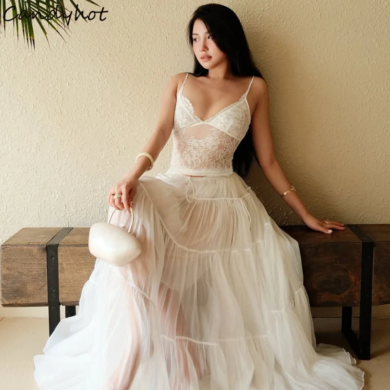 

Candyhot Sexy See Through Lace V-neck Spaghetti Strap Tops and Mesh Low Waist Maxi Skirt Y2K Summer Vacation 2 Piece Dress Set
