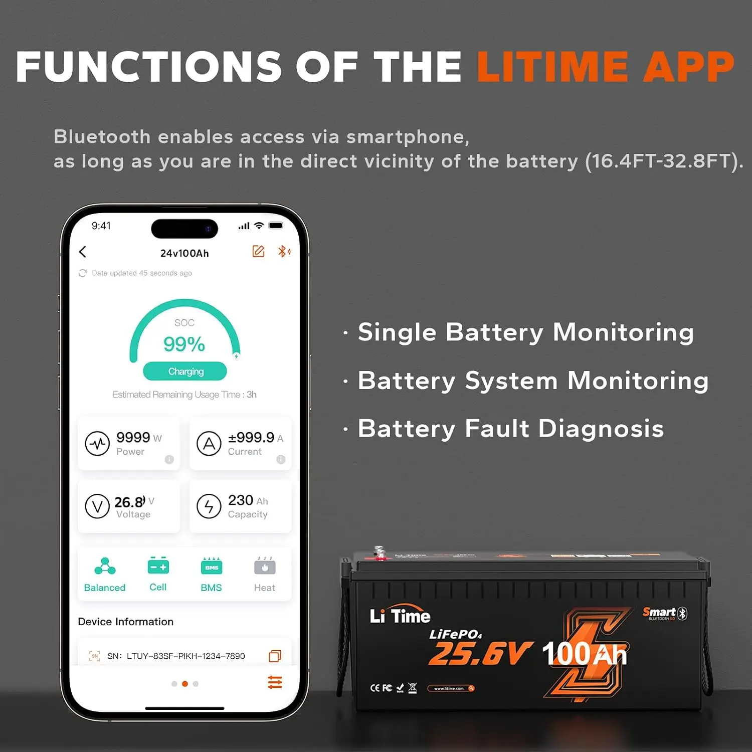 24V 100Ah Bluetooth LiFePO4 Lithium Battery for Marine, RV, Off-grid | 100A BMS, 4000+ Deep Cycles, IP65 Waterproof,, Custom