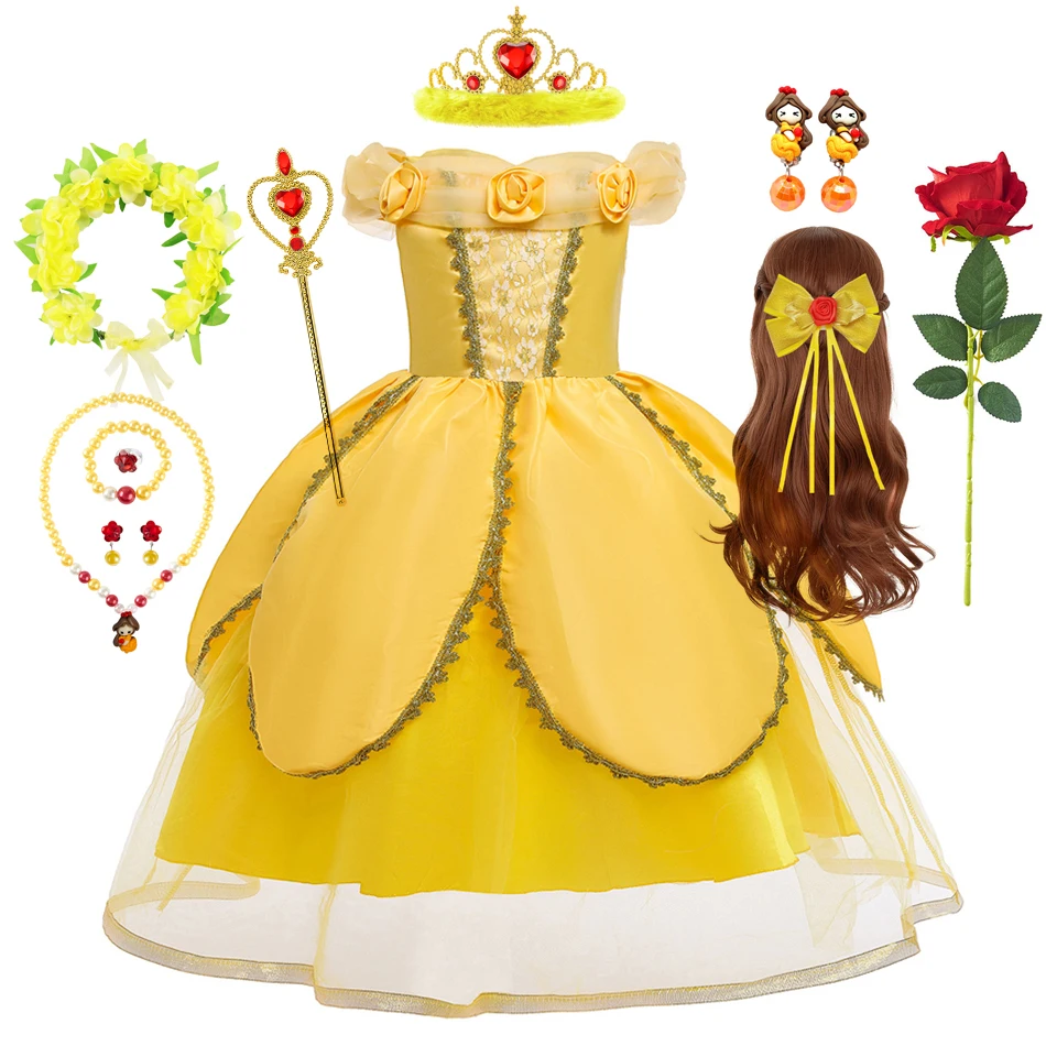 Princess Kids Floral Belle Dress for Girl Ball Gown Child Cosplay Bella Beauty and Beast Costume Fancy Halloween Party