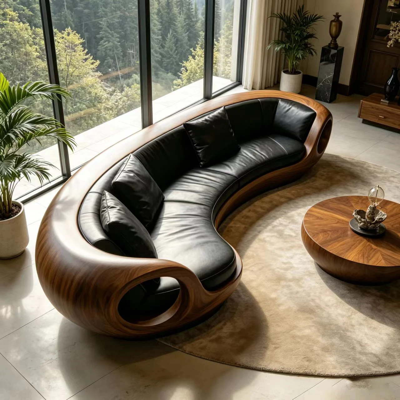 G*-Luxury Curved Frame Fabric Sofa, Black High-End Fabric Upholstered  Sofa for Villa Living Room