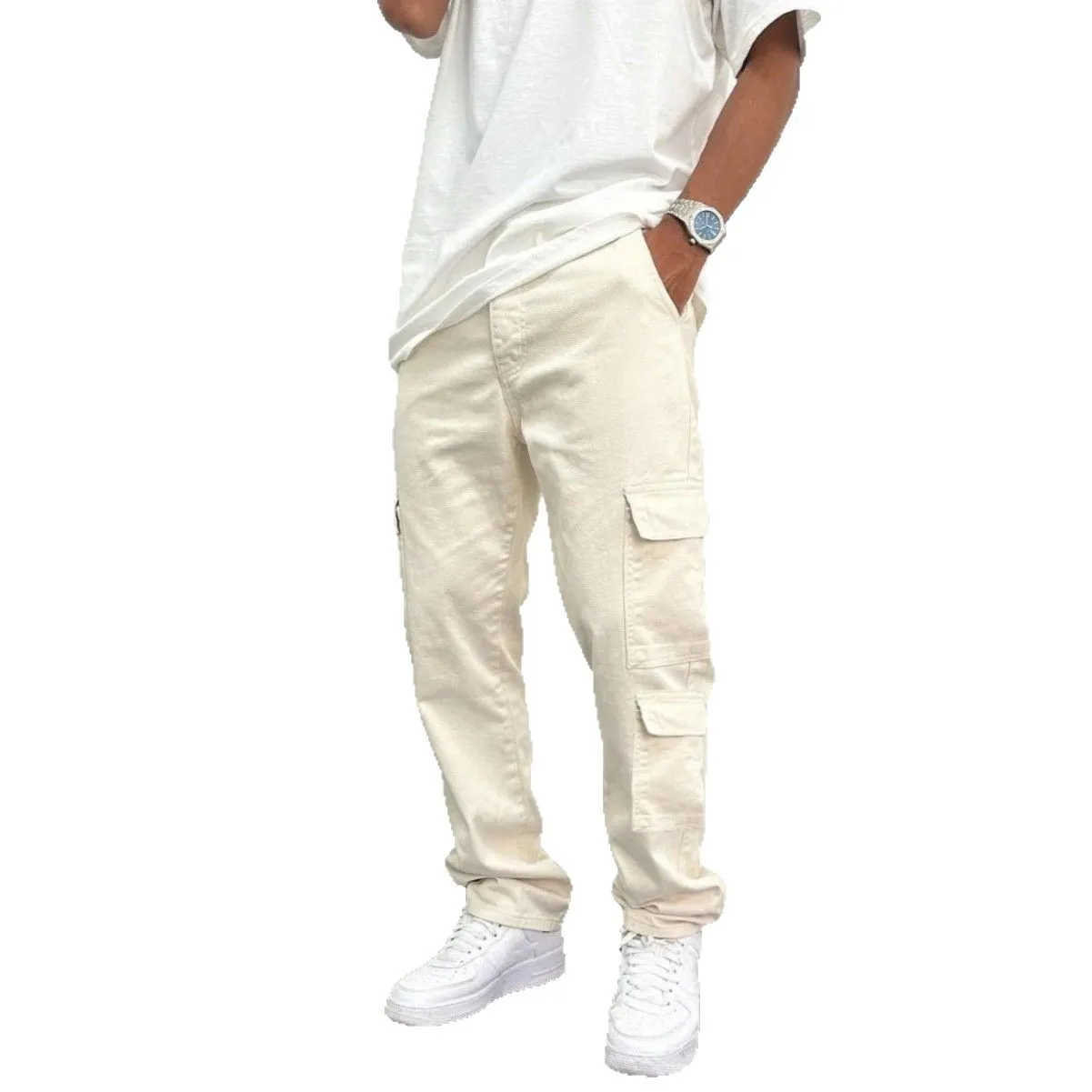 

American-style Beige Casual Straight-leg Loose Cargo Pocket Men's Jeans