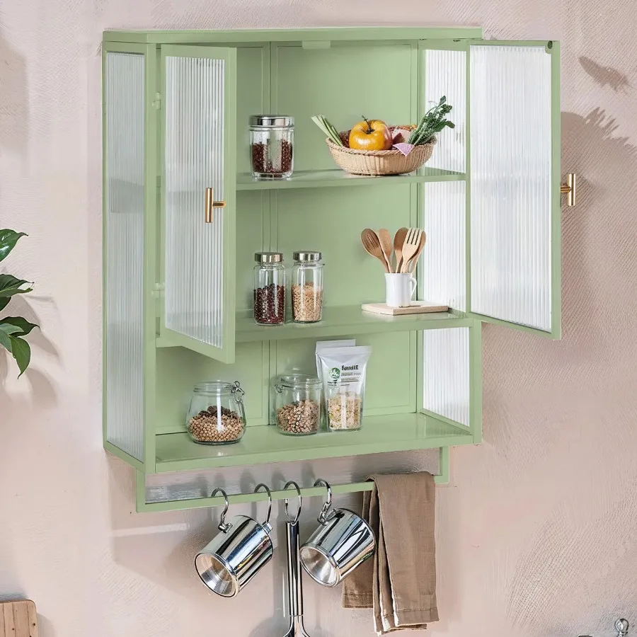 

23.62Glass Doors Modern Two-door Wall Cabinet with Featuring Two-tier Enclosed Storage an Open Shelf and Towel Rack for Entrywa
