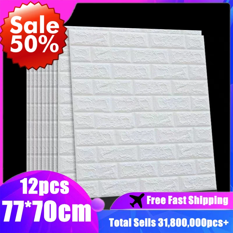 12pcs 77*70cm Self Adhesive 3D Wallpaper Wall Decor Sticker Foam Brick Waterproof Mould Moisture Proof Bathroom Kitchen Room