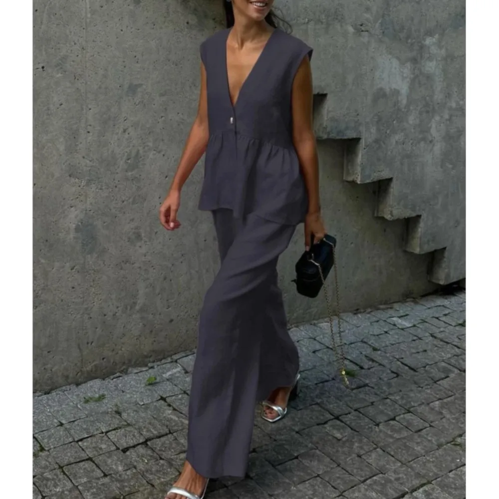 Sleeveless Vest Long Pants Set Cotton Sexy V-neck Top New Solid Color Temperament Commuting Women's Two-piece Set