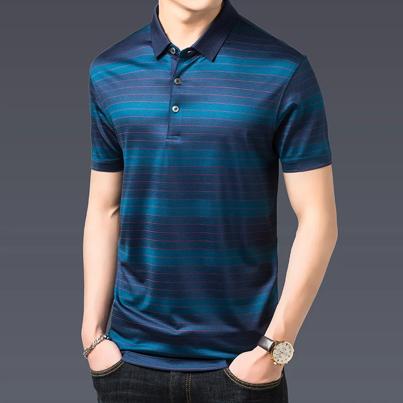 2022 Mulberry Silk Summer Golf Men's Polo Shirts Luxury Short Sleeve Striped Casual Male T-shirts Simple Slim Man Tees 3XL