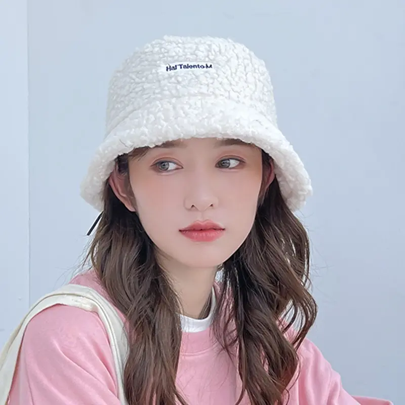 Winter Girl Boy Bucket Hat Cute Lamb Wool Letter Kids Fisherman Hat Solid Flat Top Hats Children Outdoor Thick Warm Sun Cap