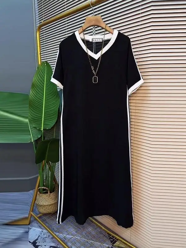 

Женское повседневное платье больших размеров с V-образным вырезом, коротким рукавом, цветными вставками, в корейском стиле, прямого кроя, летнее