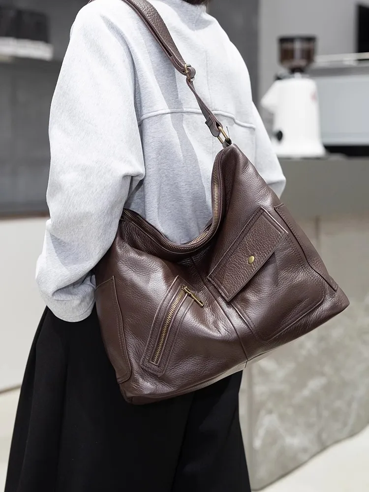 Genuine Leather Crossbody Bag for Women Large Capacity Versatile Spacious Shoulder Bag Solid Black/Coffee Travel Tote for Women