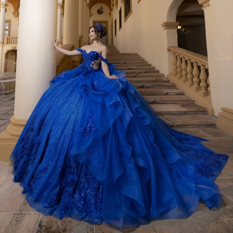 

Royal Blue Shiny Quinceanera Dresses Off The Shoulder Applique Beading Tull Party Birthday Sweet 16 Dress Vestidos 15 De Anos