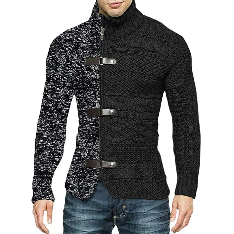 New Style High-neck Sweater for Men, Autumn and Winter Fashion Color-blocking, Leather Button Long-sleeved Knitted Cardigan Coat