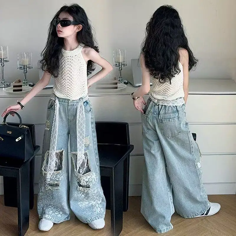 

Children's Spring And Autumn Pants Boys Elastic Jeans 2025 New Type Of Loose And Fashionable Boys And Girls Feet Pants Kids