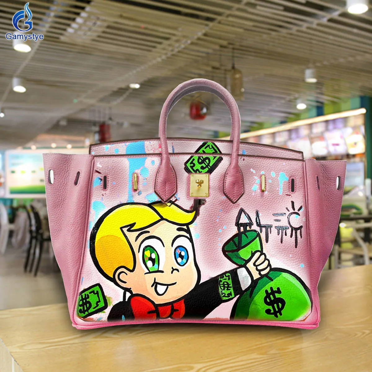 

Hand Draw Customize Art A little boy holding a dollar bag Bags Female designer handbags high quality Messenger Shoulder Bag New