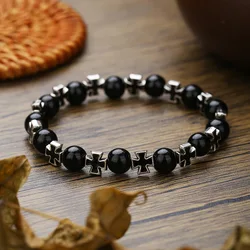 Fashion Vintage Cross Beaded Bracelets For Men Health Protection Ins Style Retro Matte Stone Bracelets On Hand