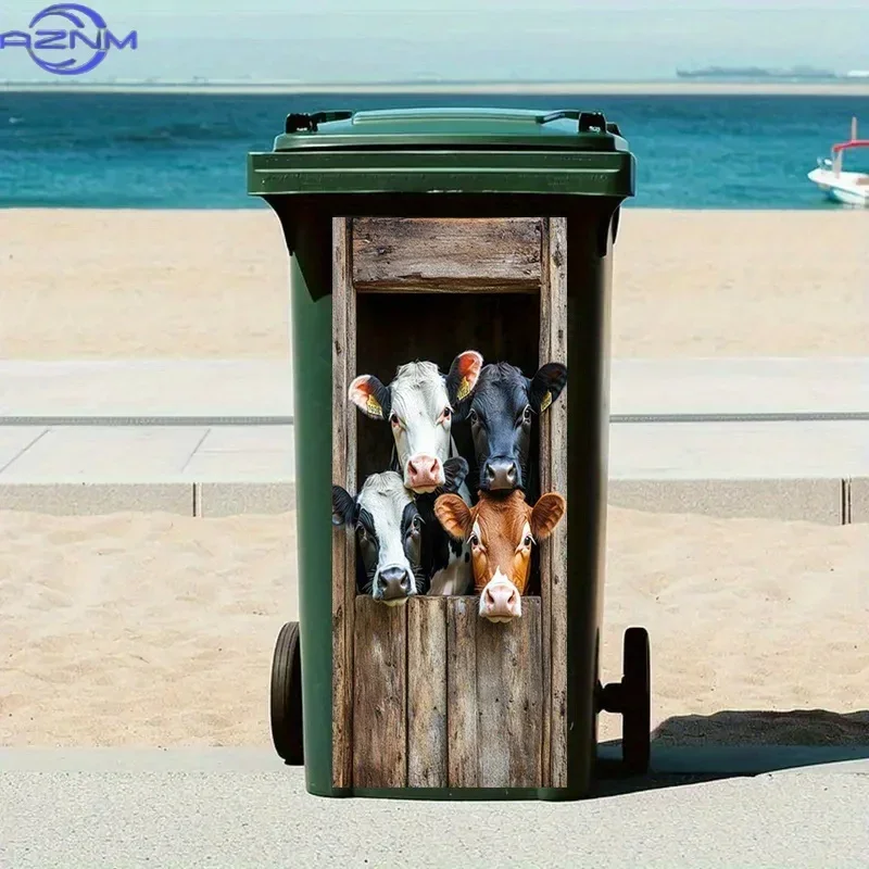 2D 1PC1pc Luxury Peel-and-Stick Trash Can Sticker - Curious Cows Peeking from Wooden Stable Design, Glossy Paper Decal for Pla