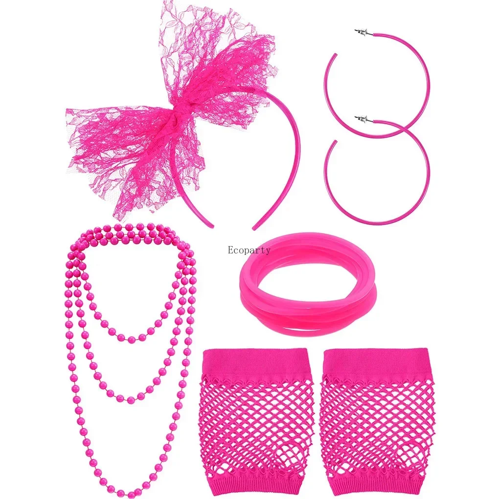 BSR 80s Fancy Dress Costume Accessories Lace Headband Earrings Fishnet Gloves Necklace Bracelet for 80s Retro Party accessories