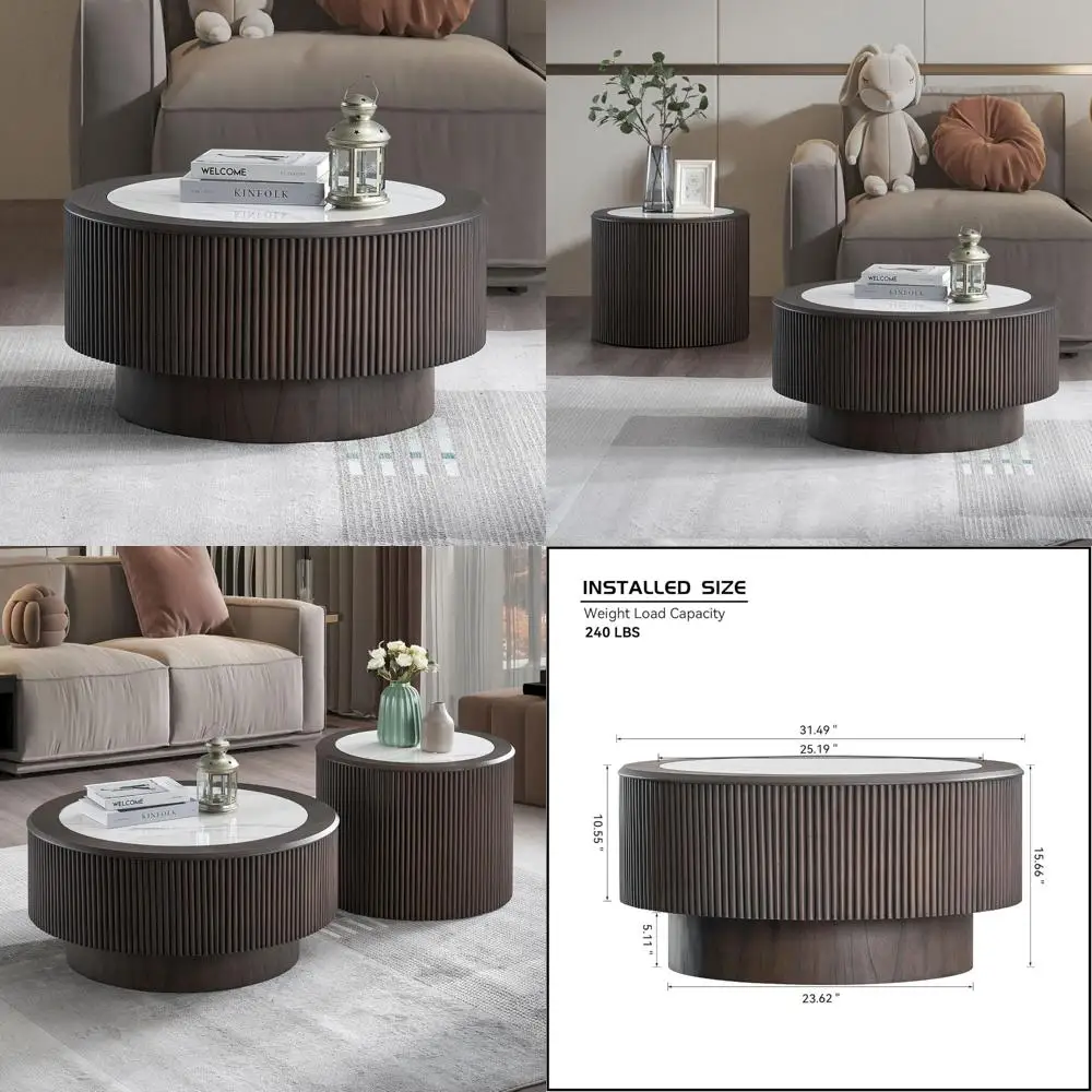 

Luxurious Modern 31.5 Round Coffee Table with Marble-Patterned Sticker and Wooden Drum-Style Center