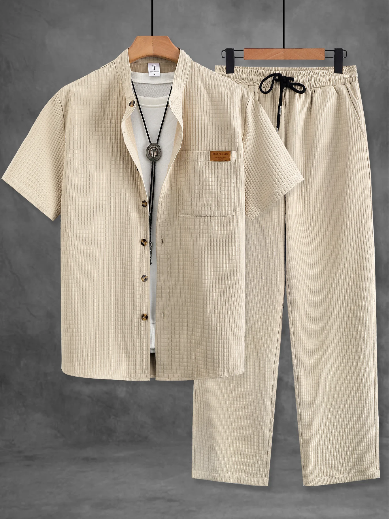 

Men's 2 Piece Khaki Waffle Set, Stand Collar Short Sleeve Shirt & Drawstring Pants Summer Casual Outfit
