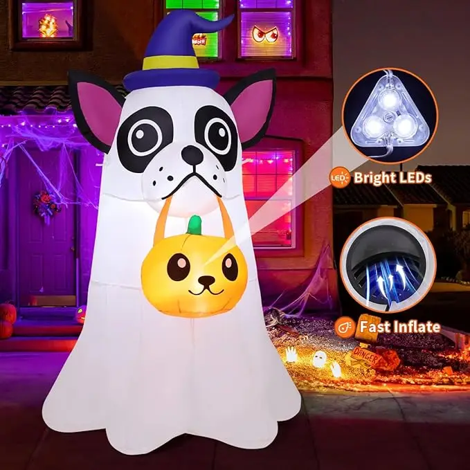 Chien gonflable d'halloween de 5 pieds, décoration extérieure, fantôme de chiot mignon avec LED citrouille pour fête dans le jardin