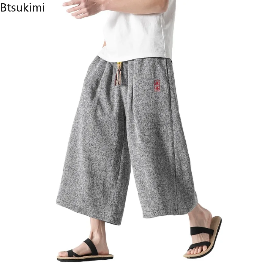 Summer Chinese Style Wide Leg Pants Men's Bath Pant Samurai Harajuku Casual Loose Capri Pants Yukata Wide Leg Trousers for Men