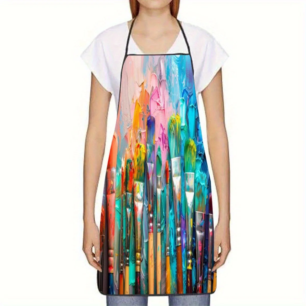 1pc Artist Inspiration Apron - Bold Brushstroke Design in Blue, Yellow, Pink, Green, Orange, Red - Polyester Kitchen Apron for C