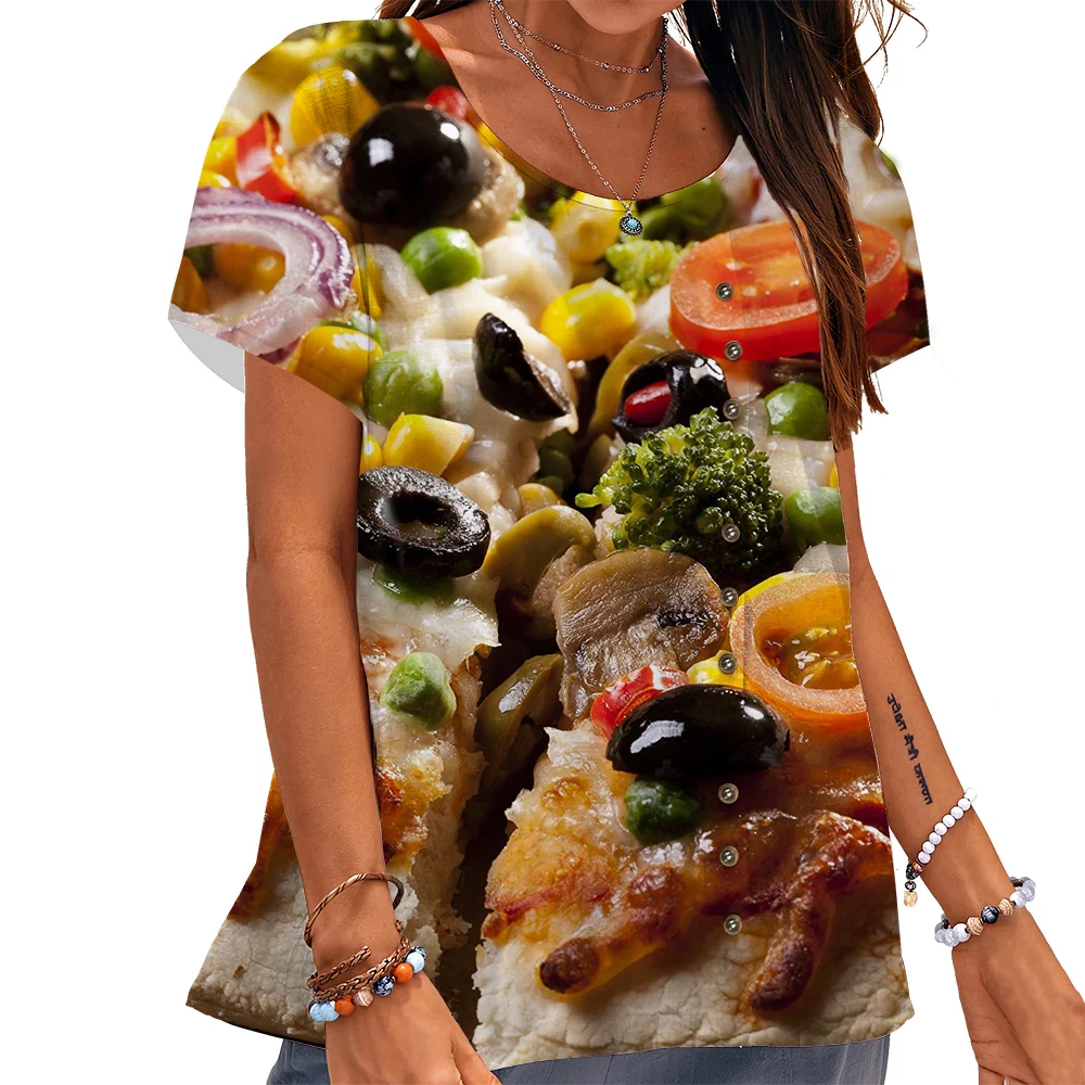 CLOOCL Fashion Women T-shirt Rich and Tasty Pizza Graphics 3D Printed Tees Button Decorate Short Sleeve Blouse Aesthetic Shirts