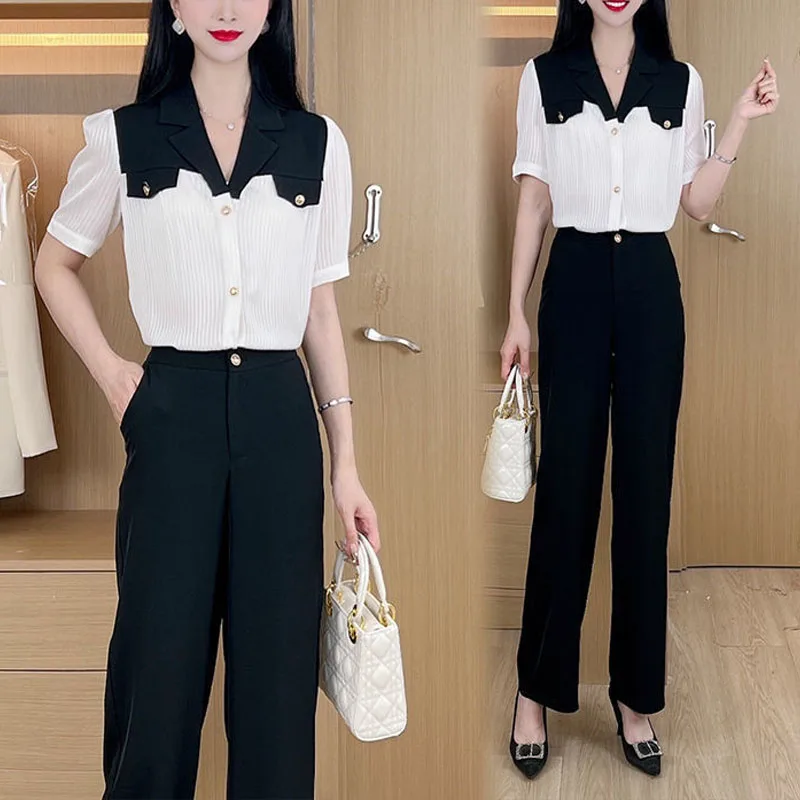 Elegant Fashion Color Matching Short Sleeve Shirt Two Piece Sets Summer New Office Lady Commuter High Waist Wide Leg Pants Set