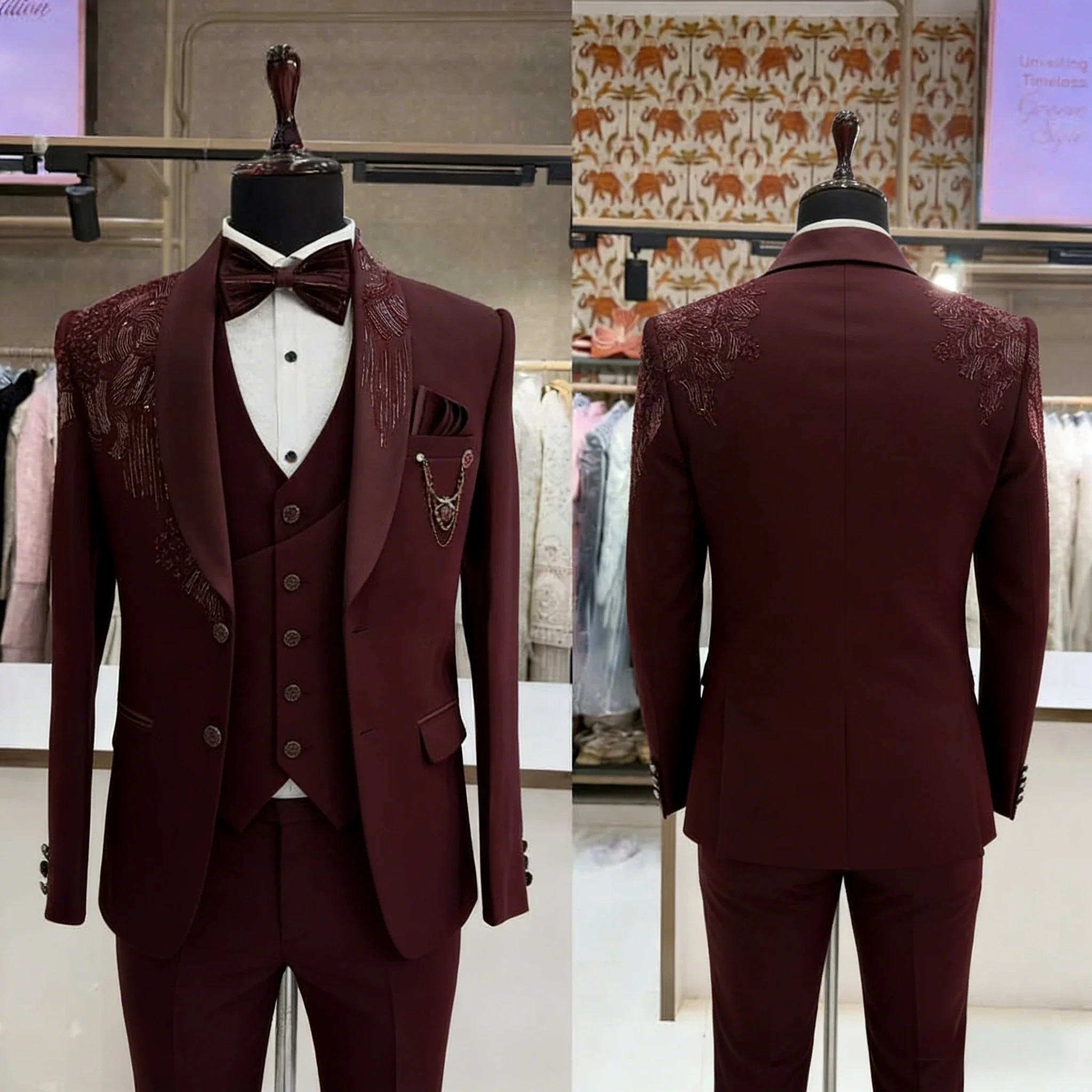 

Handsome Beaded 2 Piece Suits For Men Single Breasted Shawl Lapel Groom Wedding Tuxedos Plus Size Customized Wear