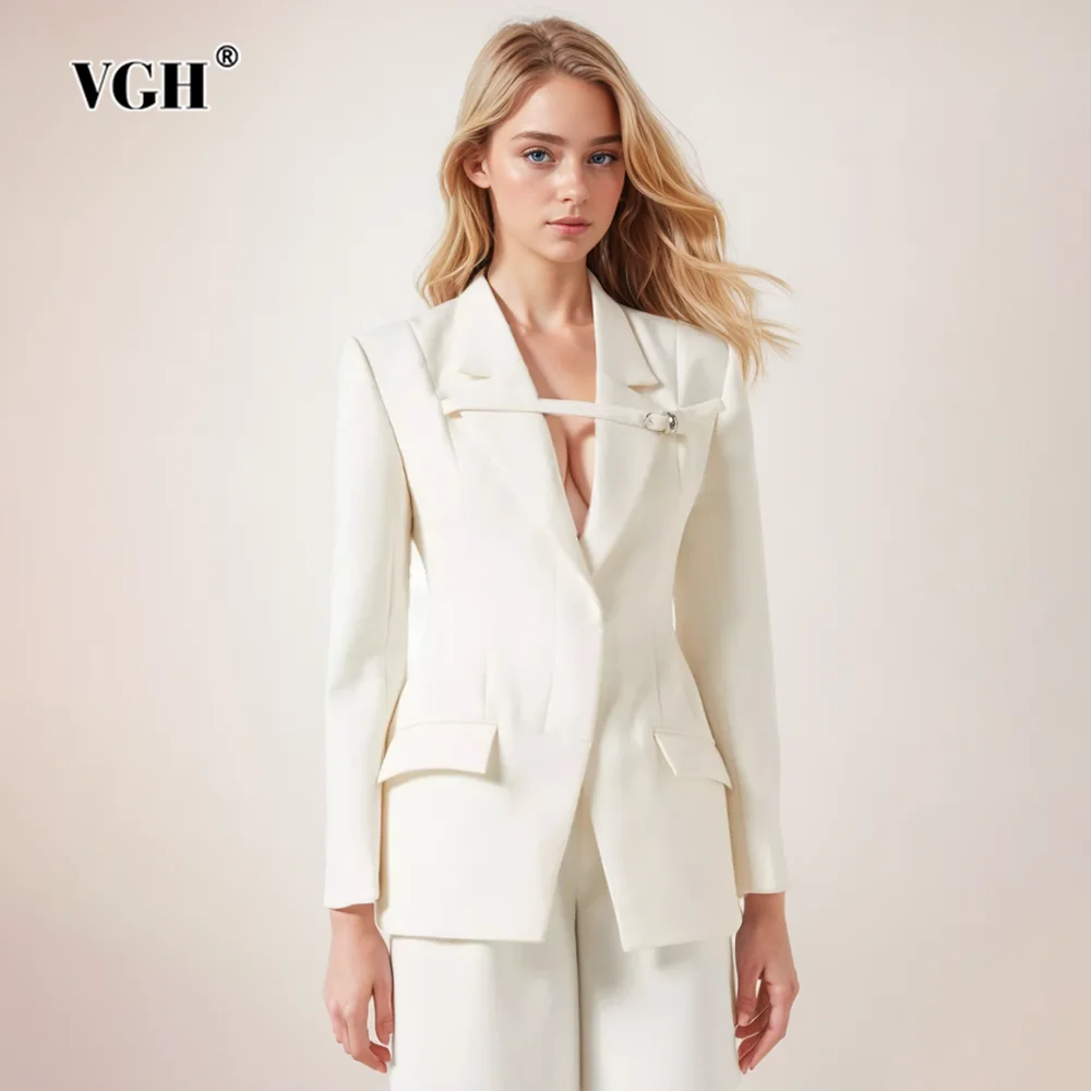 

VGH Solid Patchwork Belt Casual Coats For Women Lapel Long Sleeve Spliced Single Breasted Minimalist Slimming Coat Female New