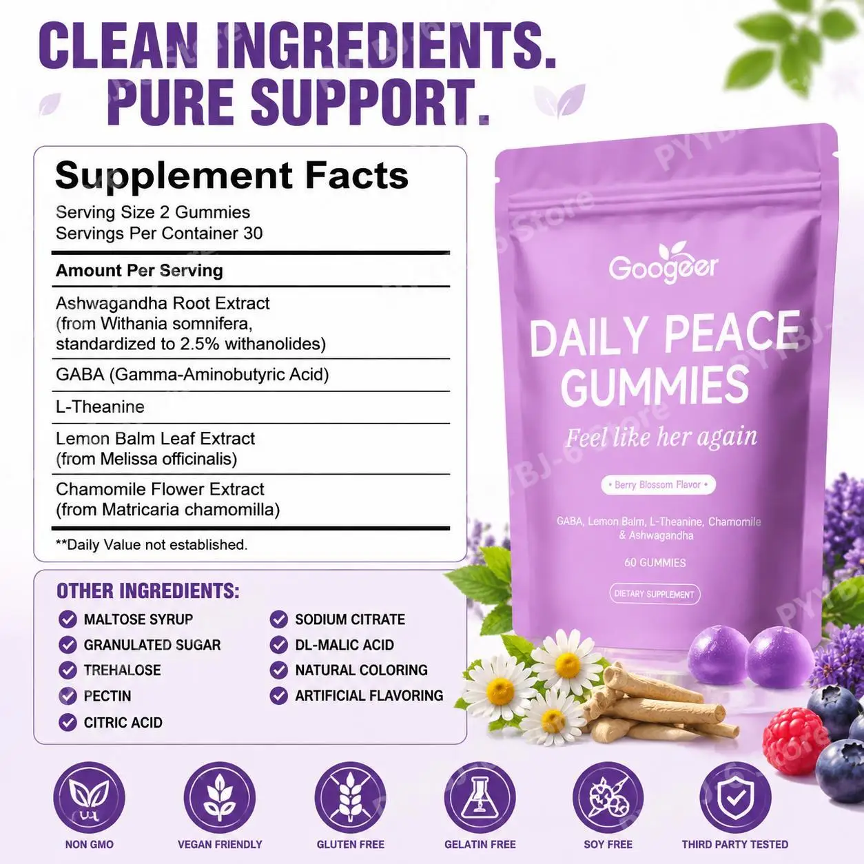 Googeer Daily Peace Gummies 60 Count Ashwagandha GABA L-Theanine Dietary Supplement for Mood Calm Focus & Rest Support