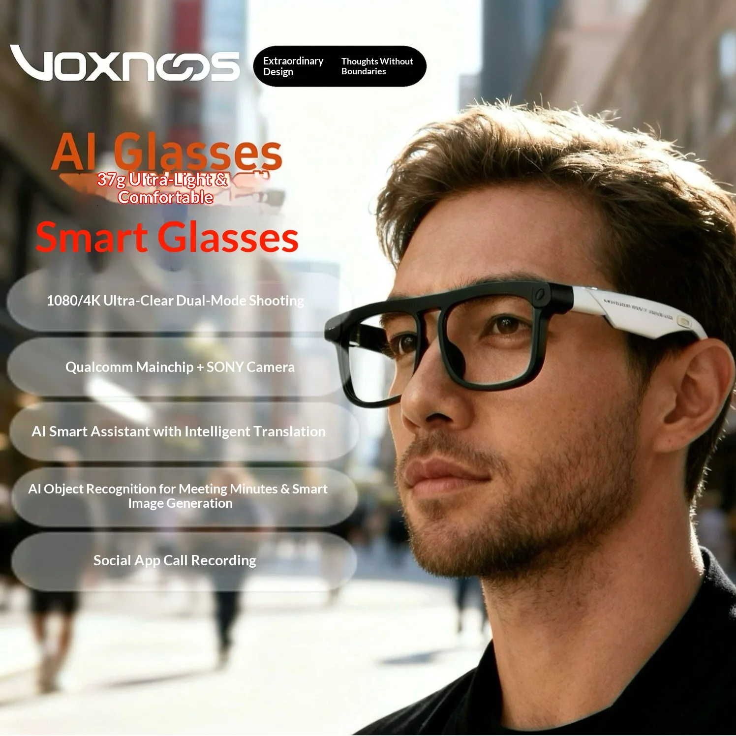 Voxnoos G01 Smart Glasses 12MP Camera, 4K Video, AI Translation 100+ Languages, Bluetooth Music, AI Photo Eyewear
