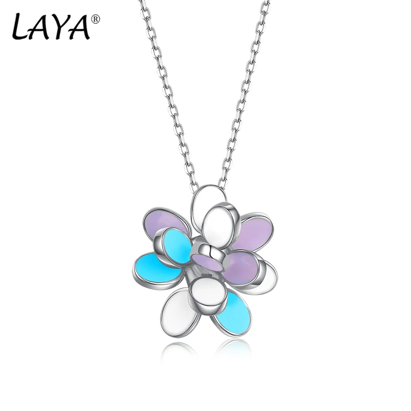 LAYA Vintage Enamel Flower Pendant Necklace For Women Temperament Blue Purple Flower Shaped Wedding 925 Sterling Silver Jewelry